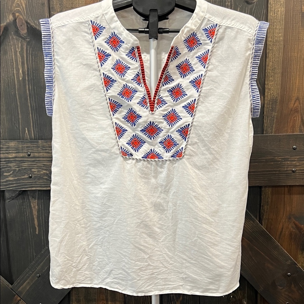 J. Crew Linen Embroidered Top 6‎ White Aztec Sunburst Metallic Preppy Boho